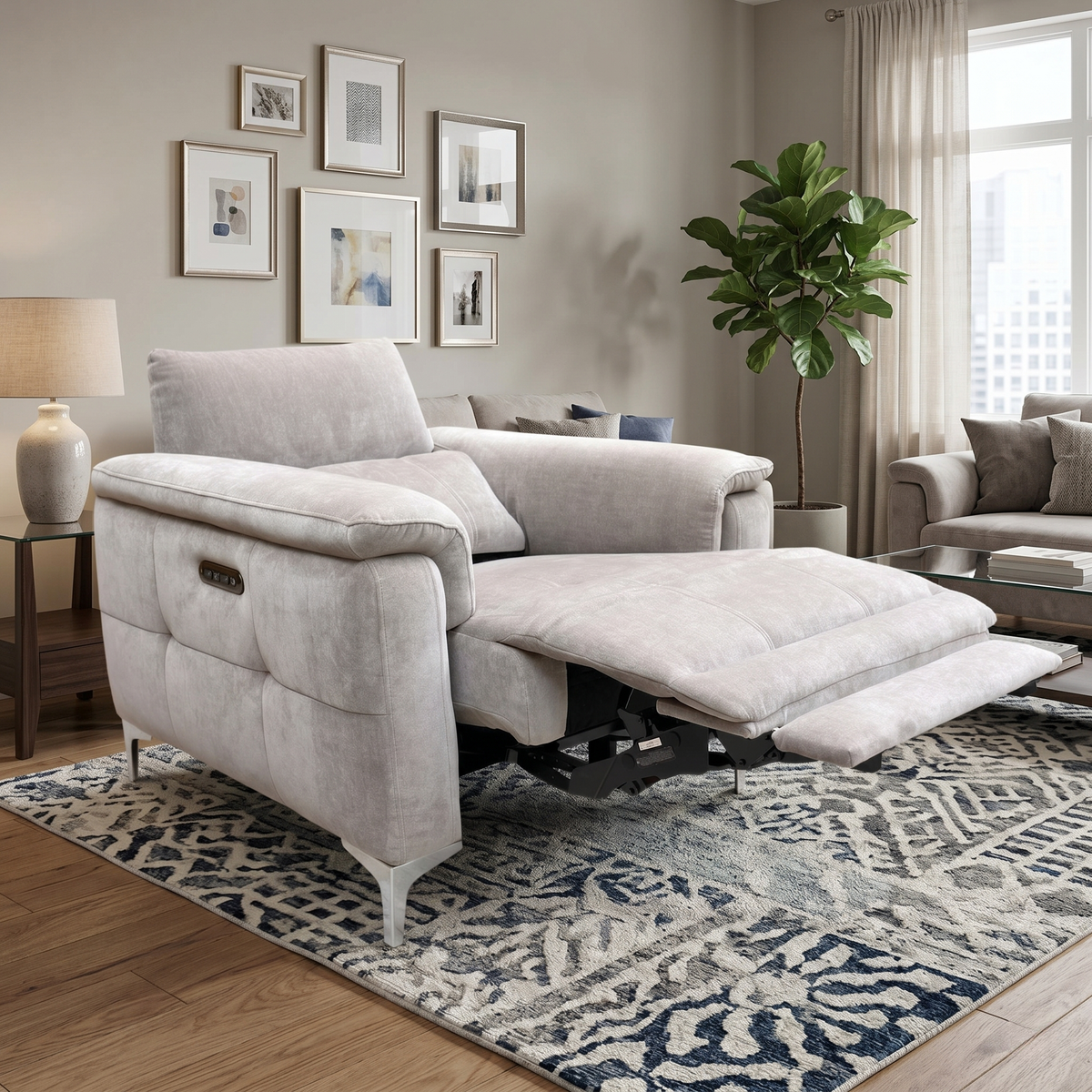 ‘Moet’ Manhattan Nutmeg Linen Fabric Power Recliner Chair with Telescopic Headrest Furniture Village