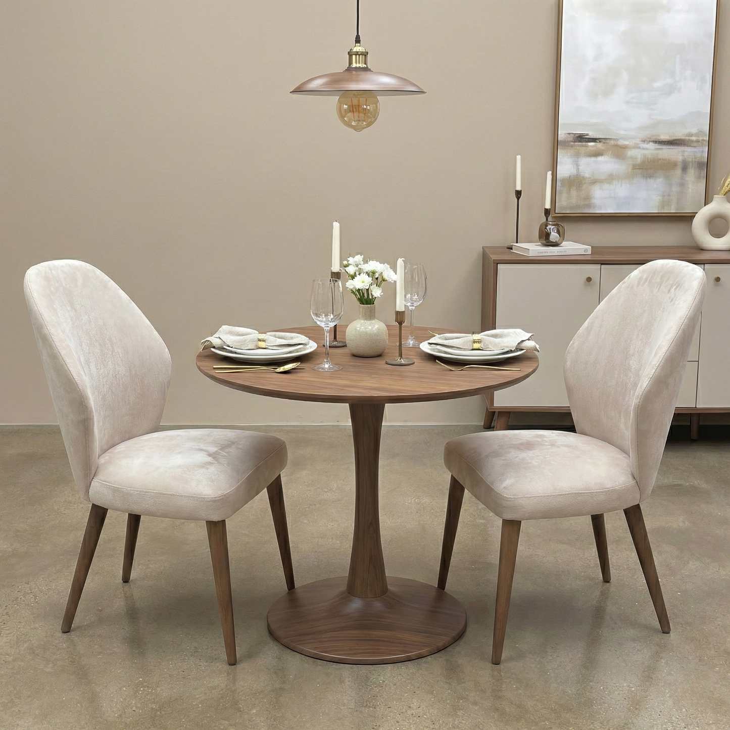 Living Room view of the Emperor R066 dining chairs highlighting the elegant curved backrest and padded seat.