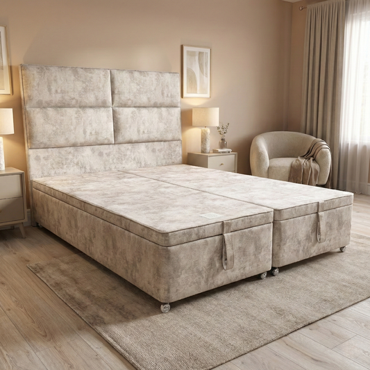 Bedroom shot for the ‘Cadmore’ Ottoman Bed, highlighting the dapple brown velvet finish and double end-lift storage functionality.