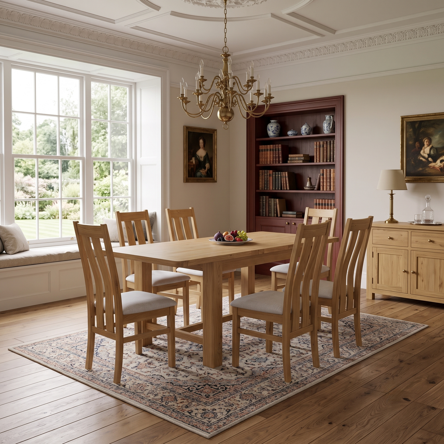 Furnitureland ‘Augusta’ Solid Oak Large 220cm Rectangular Extending Dining Table with Clay Fabric Set of 6 Wooden Slatted Back Chairs Furniture Village