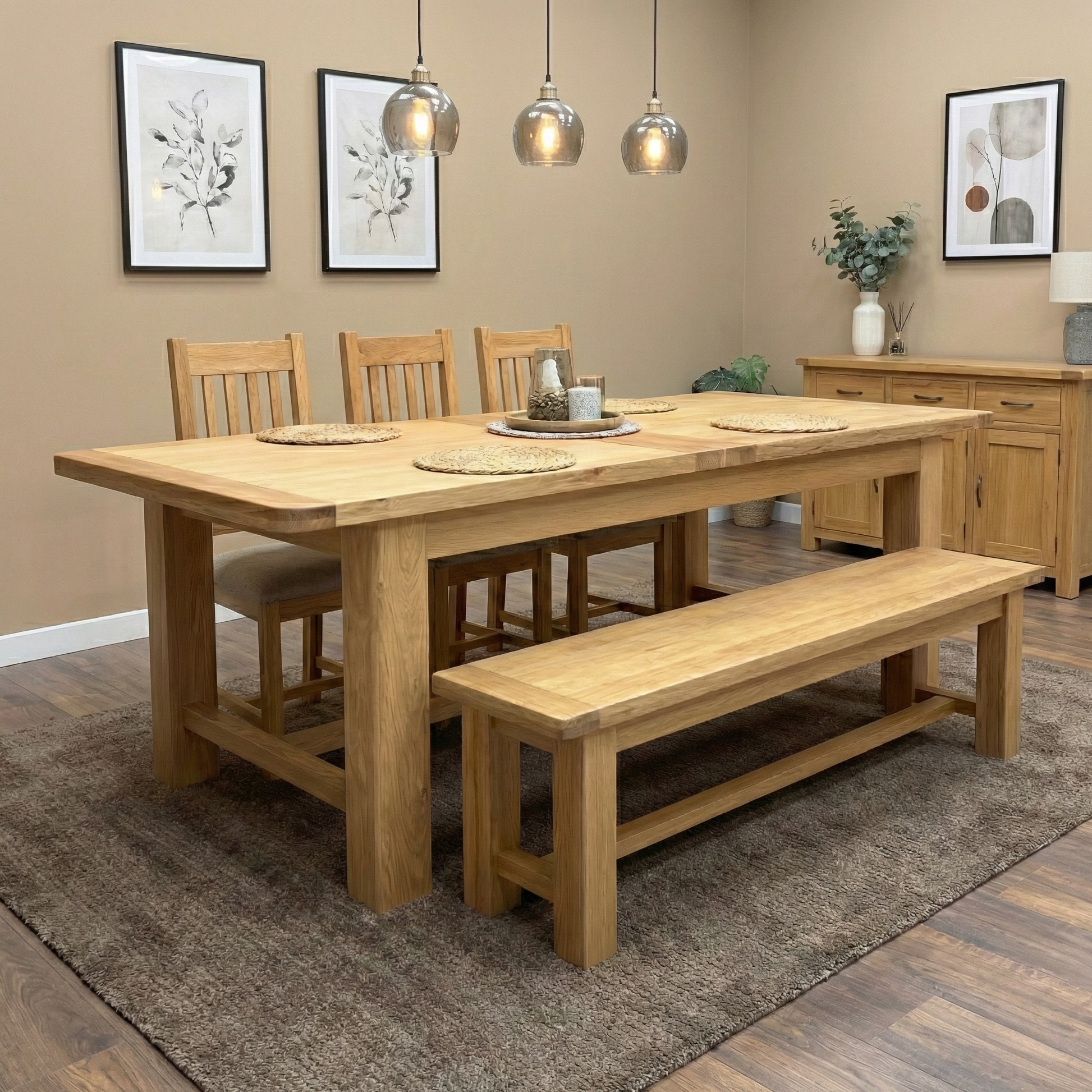 Living room of the ‘Augusta’ Solid Oak Dining Table, highlighting its 220cm base length and 280cm extended capacity