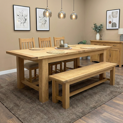 Living room of the ‘Augusta’ Solid Oak Dining Table, highlighting its 220cm base length and 280cm extended capacity