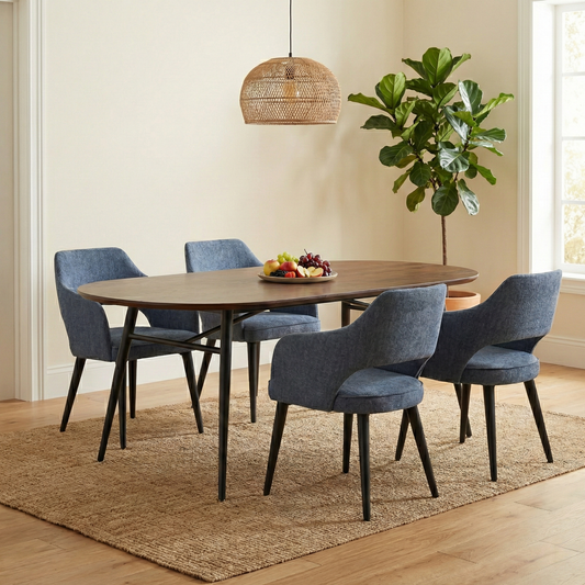 Dining Room view of the ‘Manu’ navy blue upholstered chair, highlighting the contemporary curved backrest.