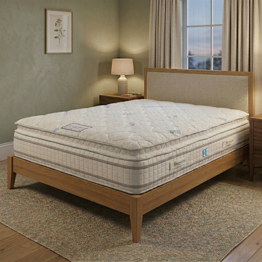 Bed room view for the SensaGel 6000 mattress, highlighting the 6100 pocket and mini spring count, Dreamzone gel foam, and medium-firm support.