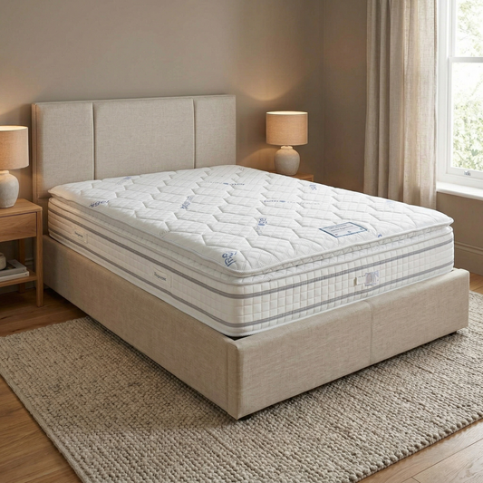 Bedroom view for the SensaGel 4000 mattress, highlighting the 4100 pocket and mini spring count, heat-wicking gel foam, and medium-firm tension.