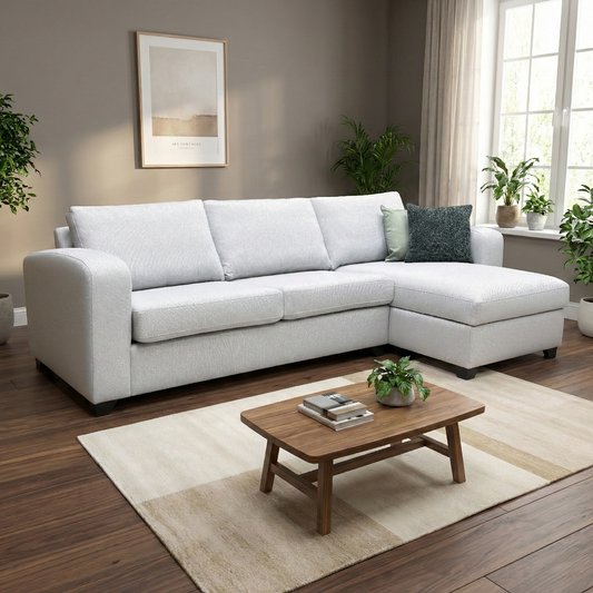 Living room of the ‘Layla’ Silver Sofa Bed, detailing its dual-purpose design, integrated storage, and premium fabric finish.