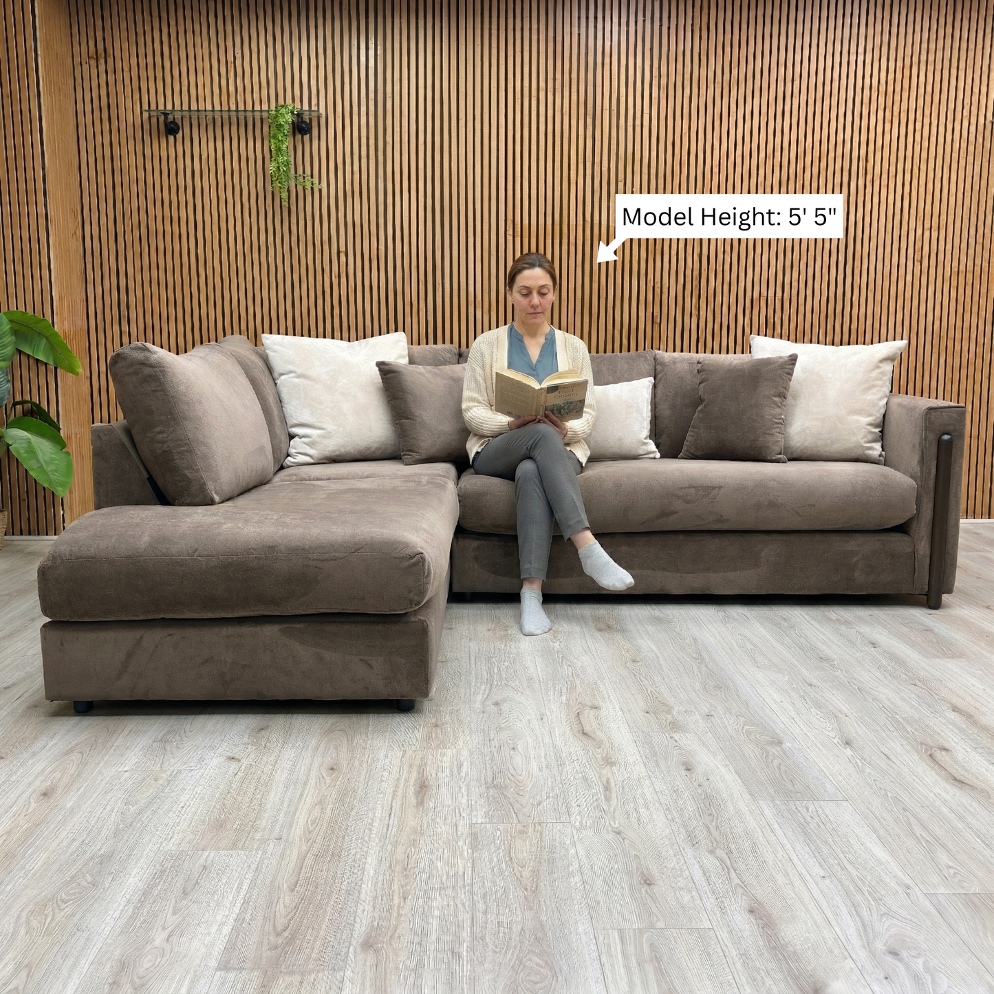 Lifestyle view of the open-end chaise lounge area, ideal for relaxing and maximizing corner space in a living room.