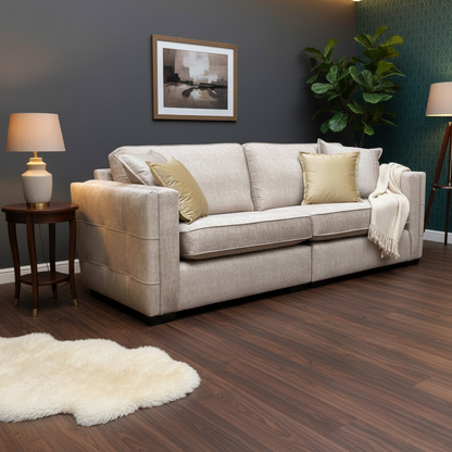 Living Room view of the 4 seater Chelsea sofa, highlighting the plush velvet texture and formal backrest.