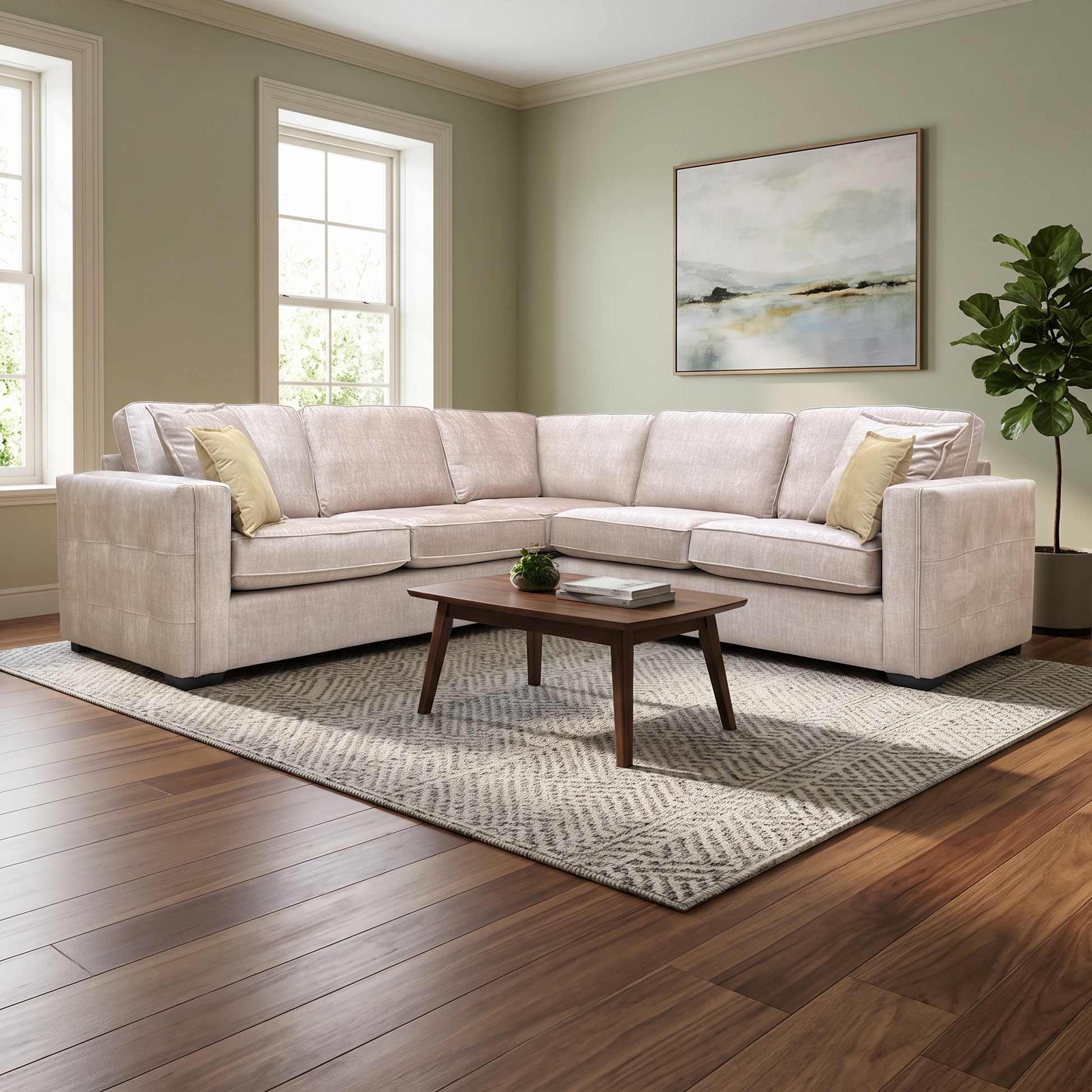 Lifestyle shot of the Chelsea beige velvet sofa in a bright living room, emphasizing its sophisticated design and plush seating.