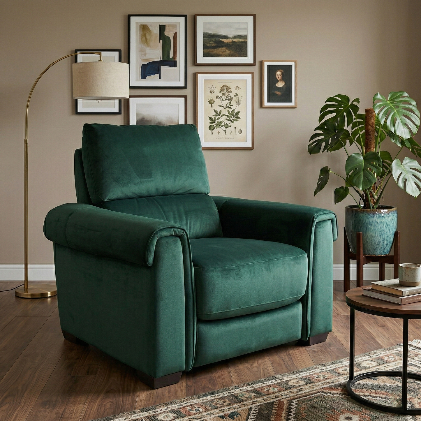 Living room view of the Nixon armchair, showcasing the rich jewel-toned fabric and the plush, comfortable seating surface.