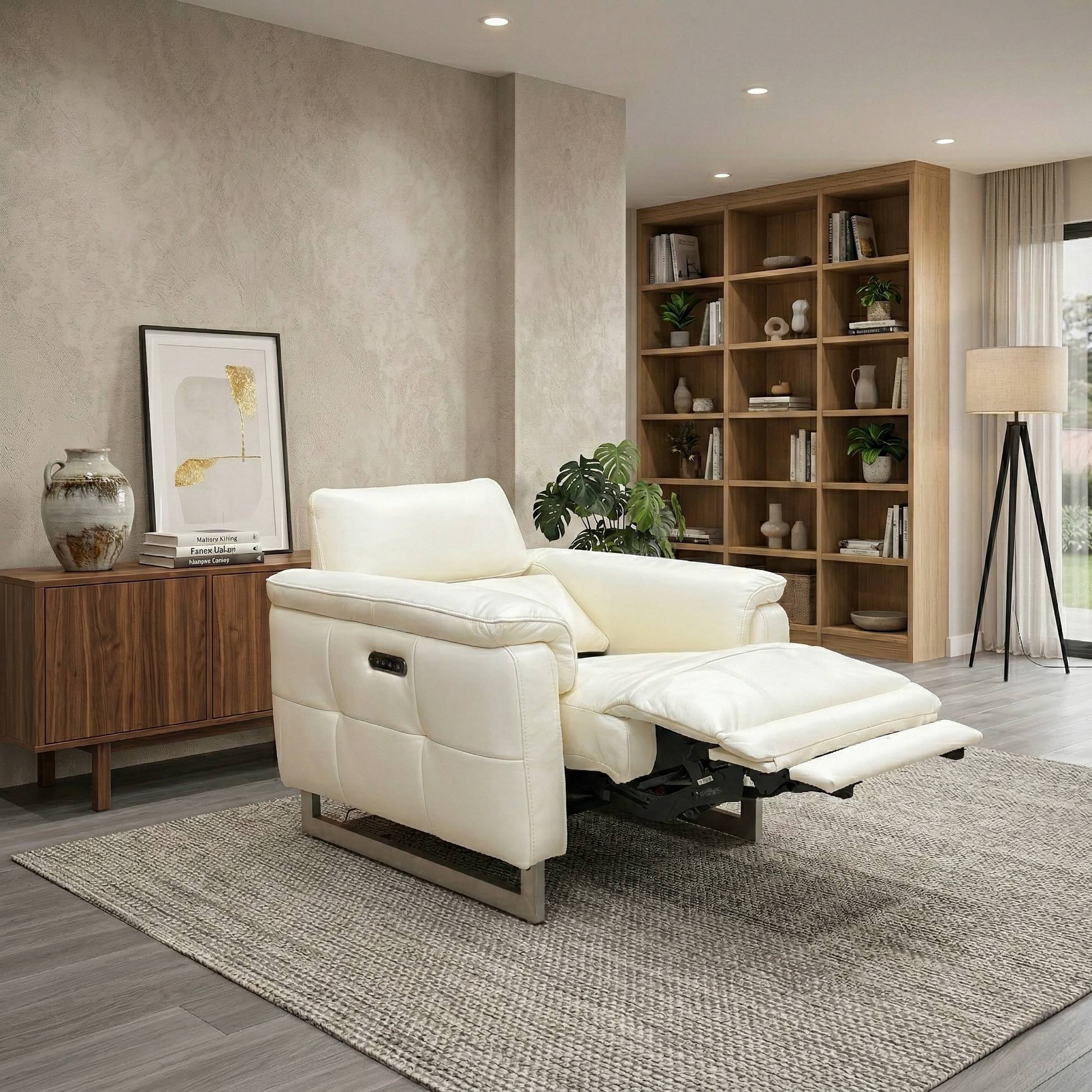 Living room of the Moet leather recliner, highlighting the telescopic power headrest, pocket sprung seat cushion, and integrated USB charging port.