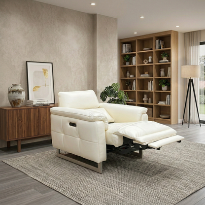 Living room of the Moet leather recliner, highlighting the telescopic power headrest, pocket sprung seat cushion, and integrated USB charging port.