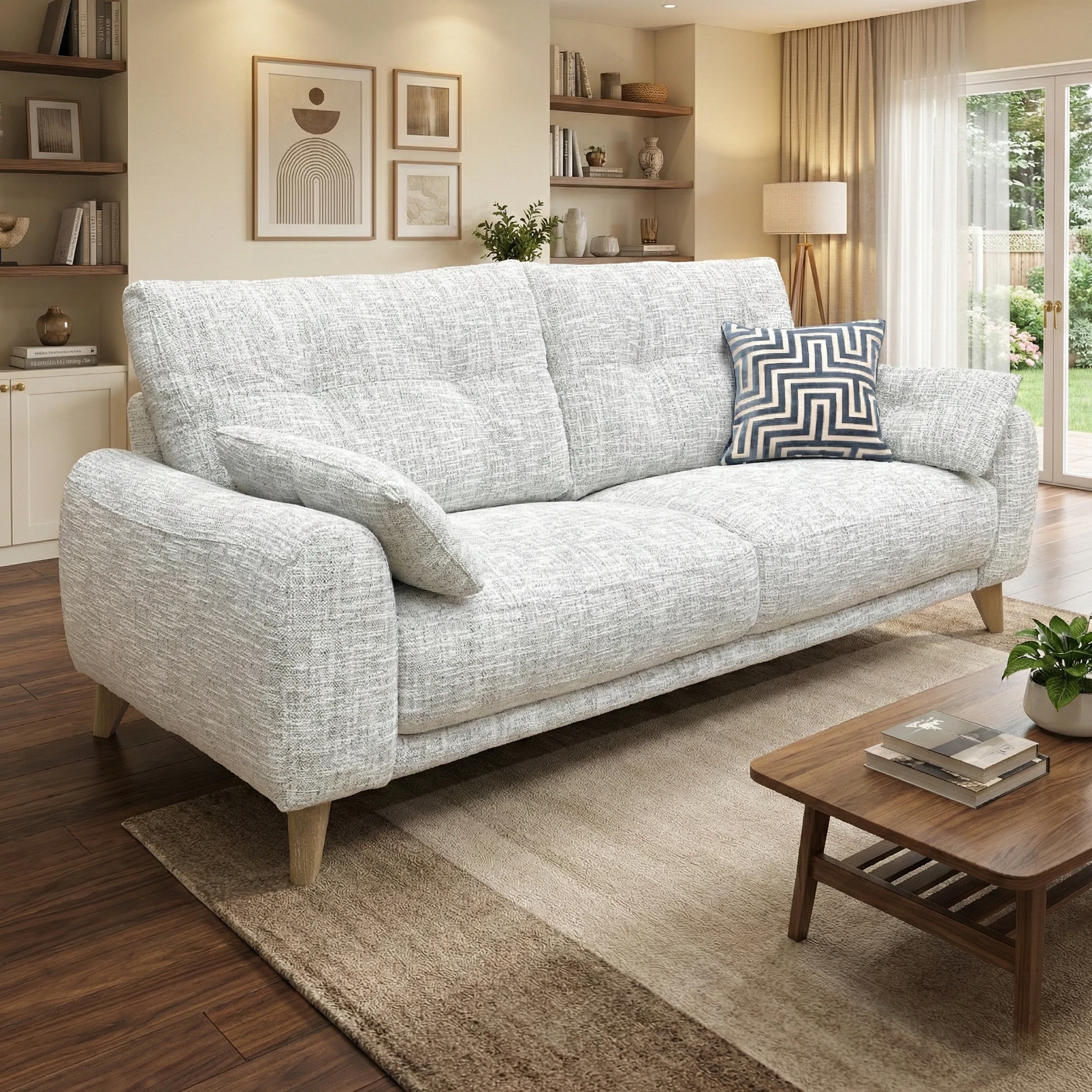 Living room of the Malmo sofa, highlighting its Fab-Mga-R06 Silver Green upholstery, wide inviting seats, and Scandi-inspired aesthetic.