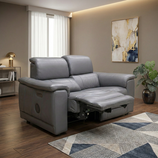‘Genius’ Montana Lavender Gry Cat-60:18 Leather 2 Seater Power Recliner Sofa with Power Headrests and Bluetooth Speakers