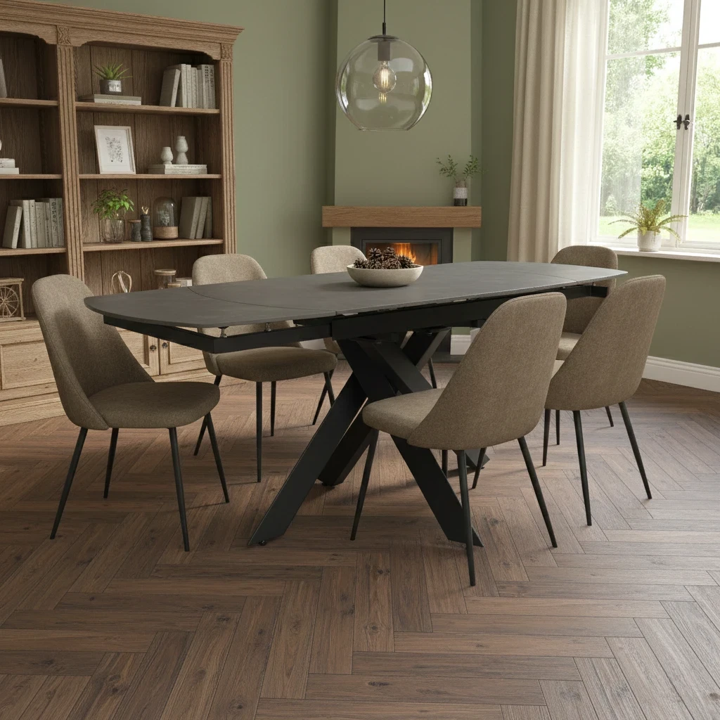Dining room view of the grey sintered stone table, highlighting the industrial matt finish and asymmetric base.