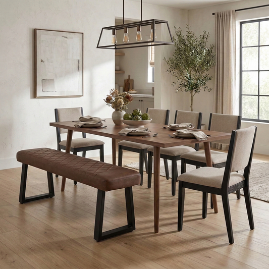 Dining room view shot of the Venus tan dining bench placed at a modern dining table in a bright, minimalist room.