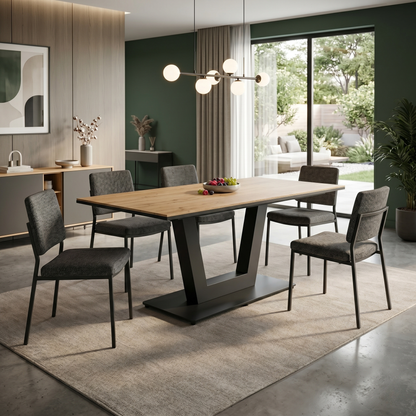 Dining room view of the Venus Solid Oak table, highlighting the natural wood grain and the warm, rustic Earth finish that enhances the timber's character.