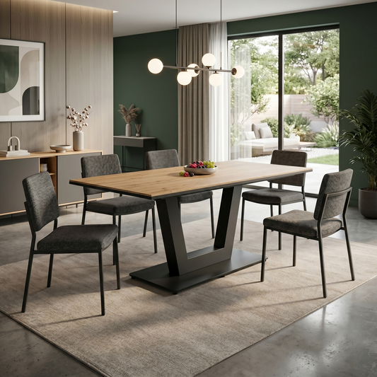 Dining room view of the Venus Solid Oak table, highlighting the natural wood grain and the warm, rustic Earth finish that enhances the timber's character.