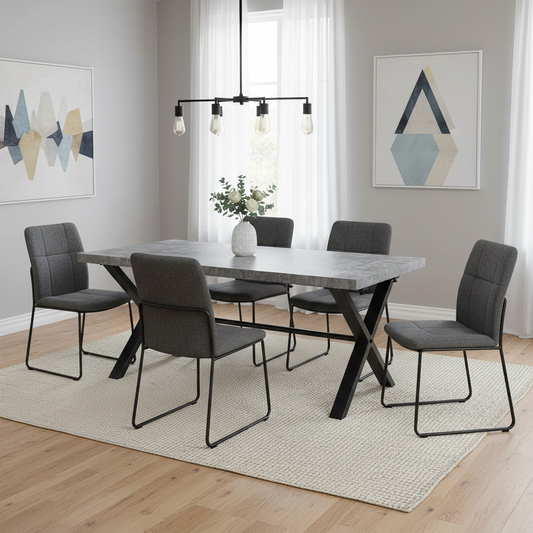 Dining Room view of the 190cm grey dining table highlighting the thick textured top and contemporary X-frame base.