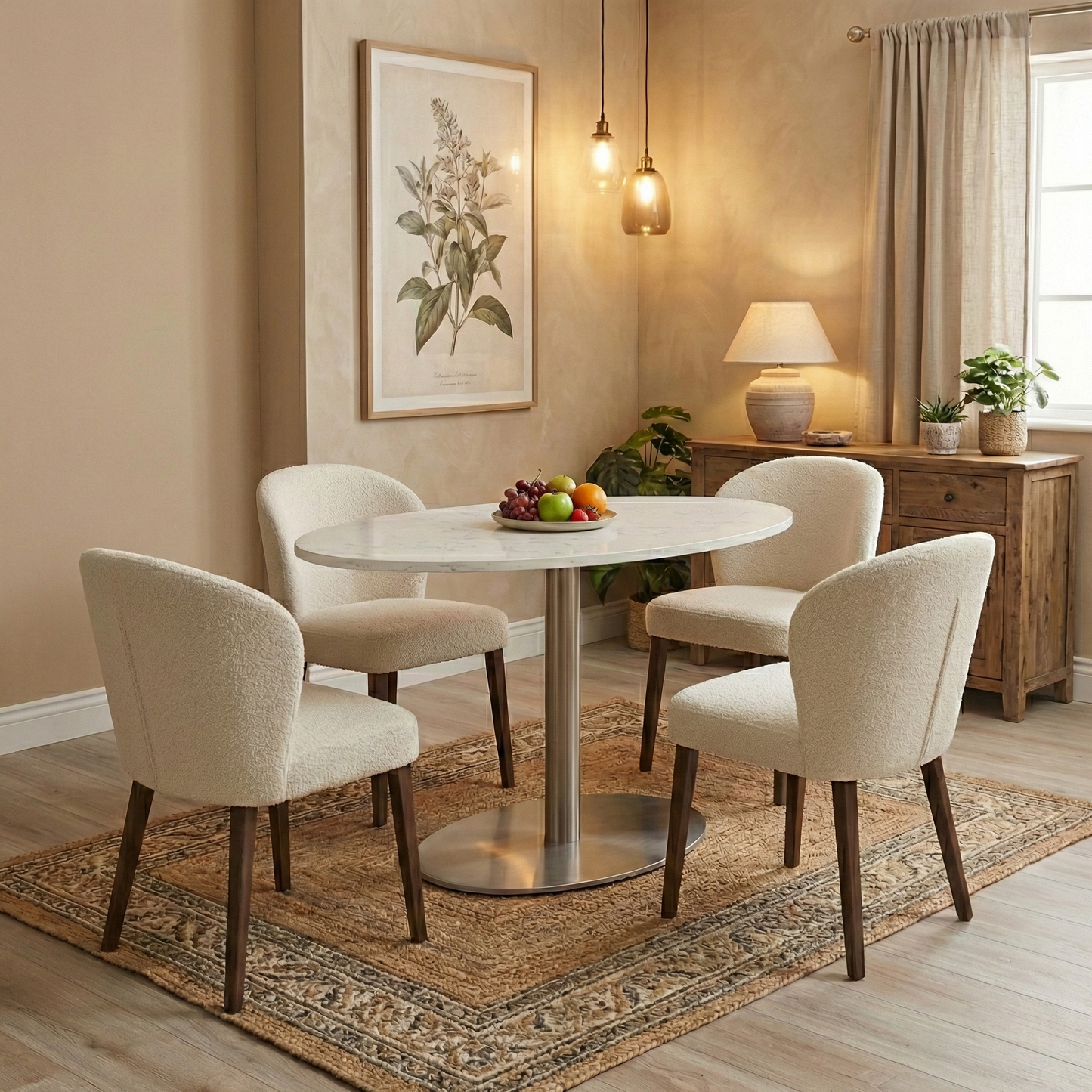 ‘Helsinki’ Bianco Miami Quartz Ceramic Top 120cm Fixed Oval Dining Table