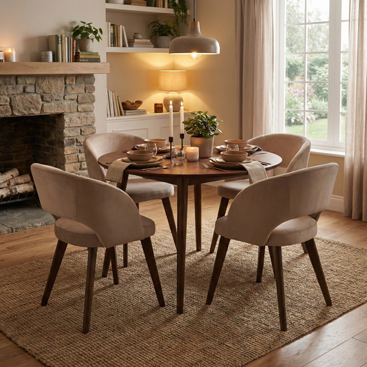 Living Room for the Goya dining chair set, detailing the Italian handcrafted quality, beech wood frames, and sophisticated suede fabric.