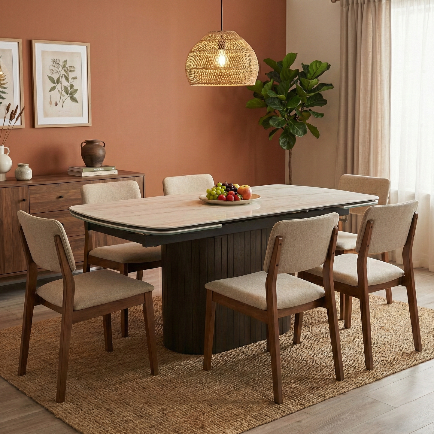‘Tiber’ Travertine Ceramic Top 160cm Draw Leaf Extending Dining Table