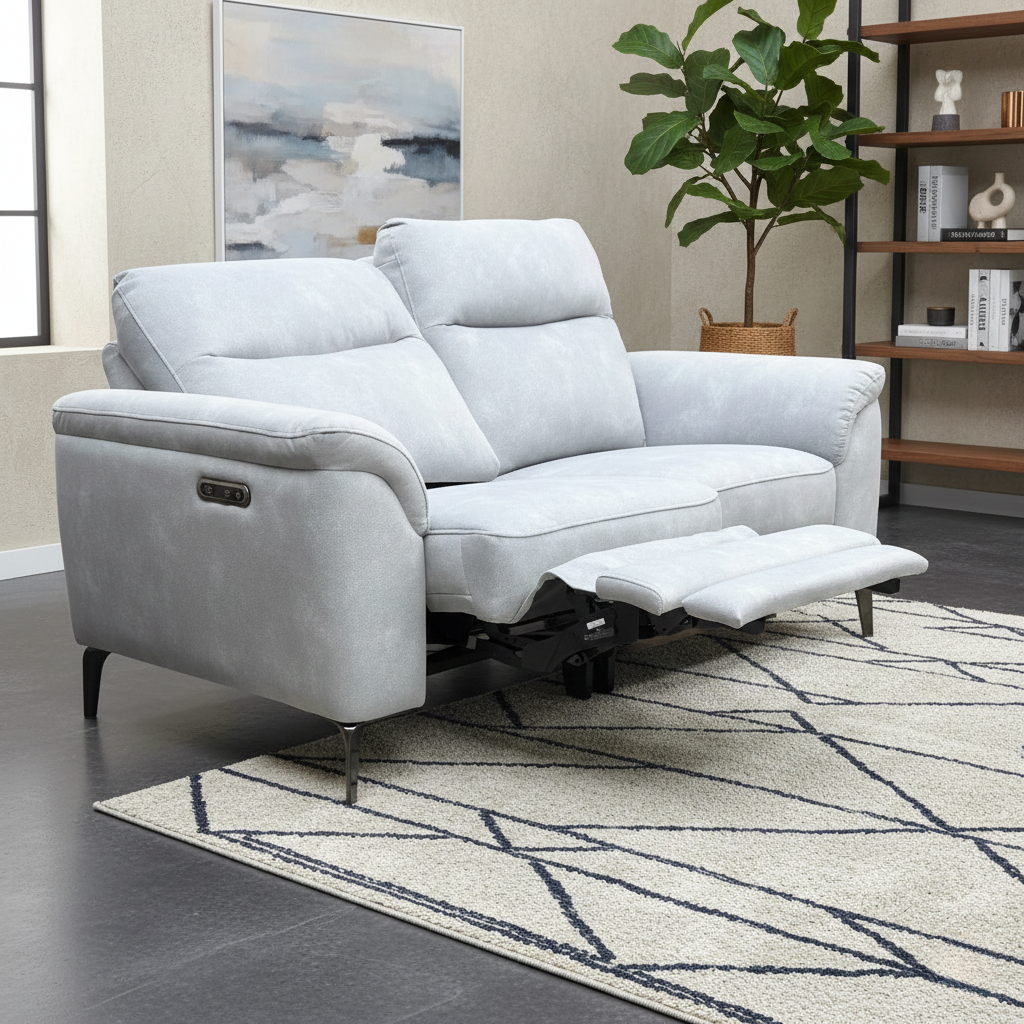 Living room of the Morgan power recliner sofa, highlighting its pocket sprung seats, USB device charging, and on-trend mid-century design.