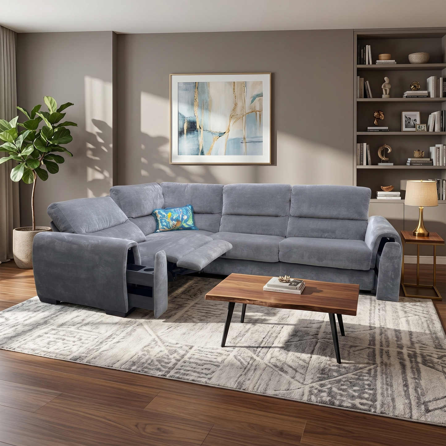 ‘Flex’ Fab-Can-R456 Anthracite Fabric Left Hand Facing Small Corner Sofa Bed with Power Recliner and Storage Arms