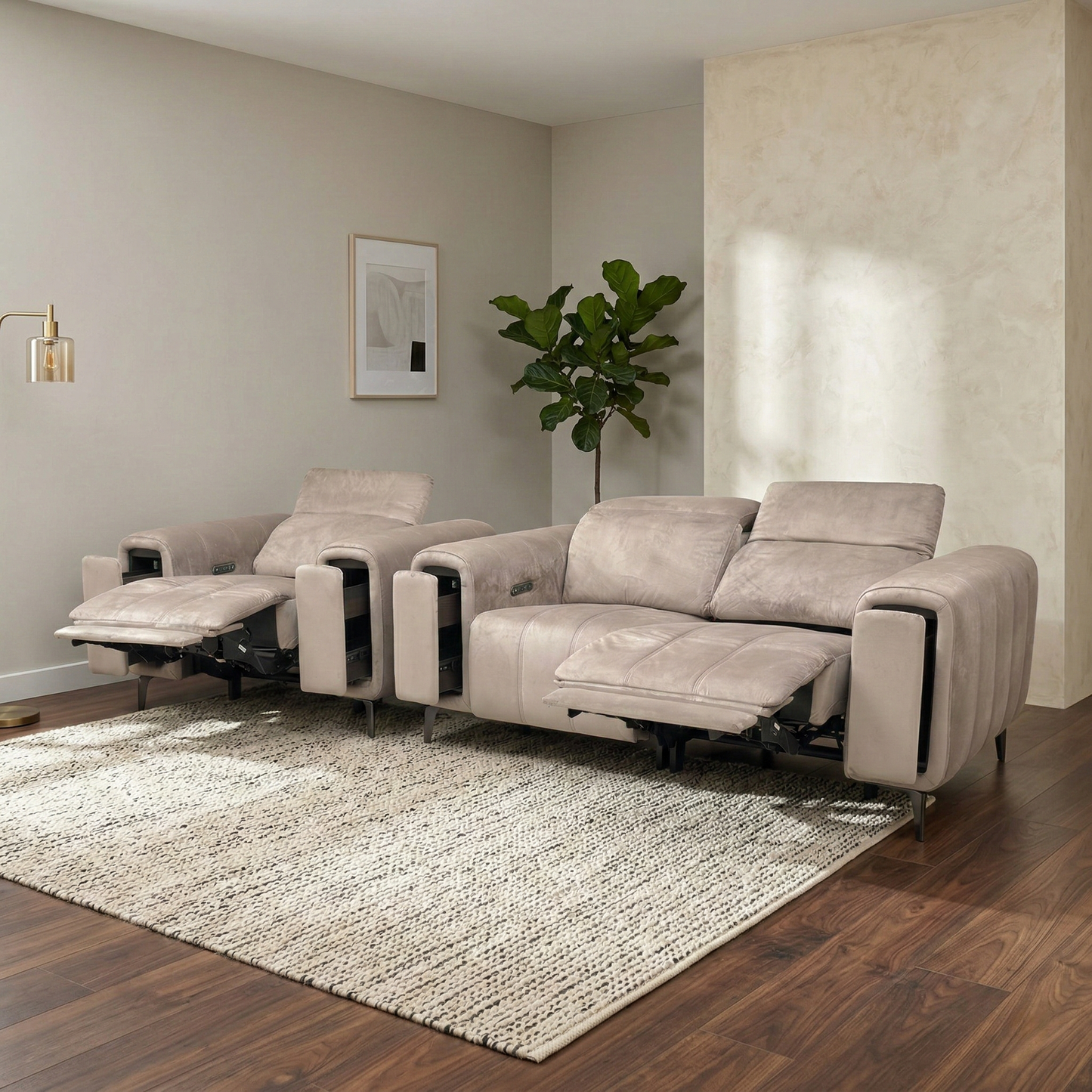 Living room of the Elphaba power recliner set, highlighting its Art Deco-inspired design, secret storage arms, and independent power reclining functions.