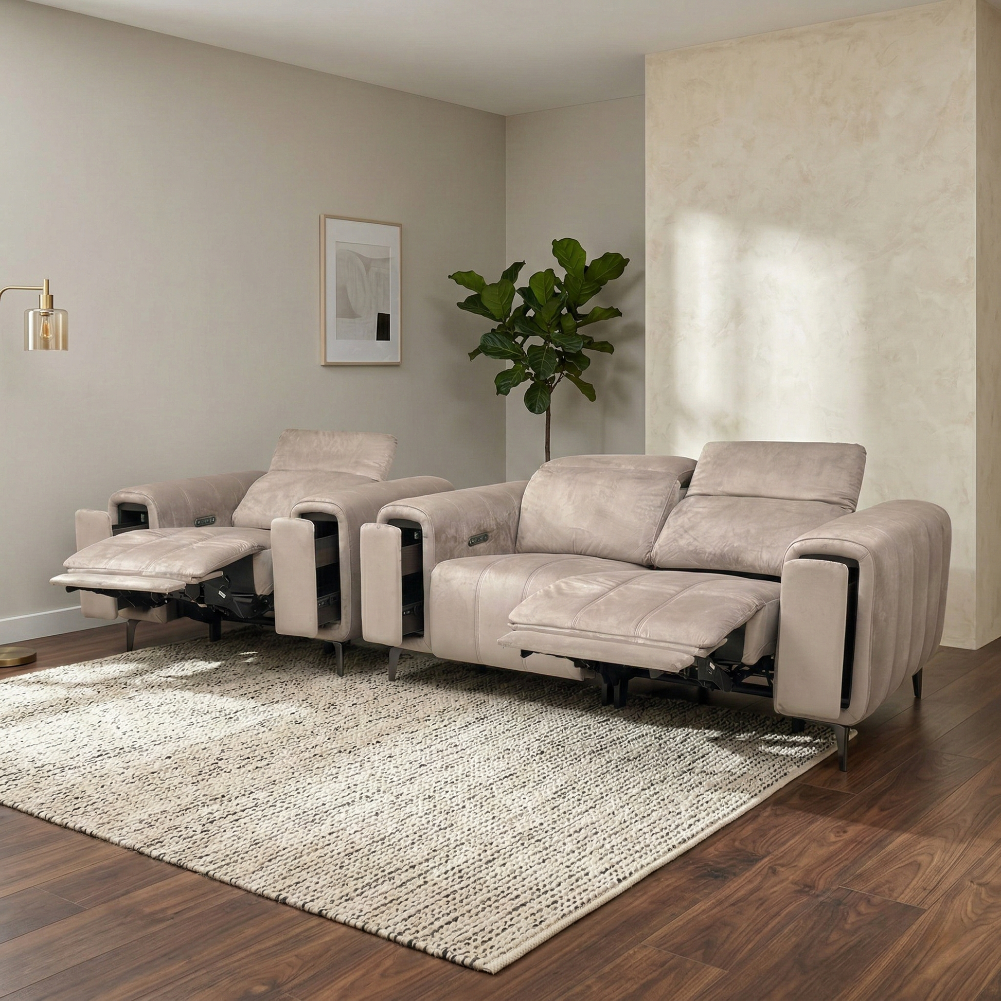 Living room of the Elphaba power recliner set, highlighting its Art Deco-inspired design, secret storage arms, and independent power reclining functions.