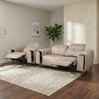 Living room of the Elphaba power recliner set, highlighting its Art Deco-inspired design, secret storage arms, and independent power reclining functions.