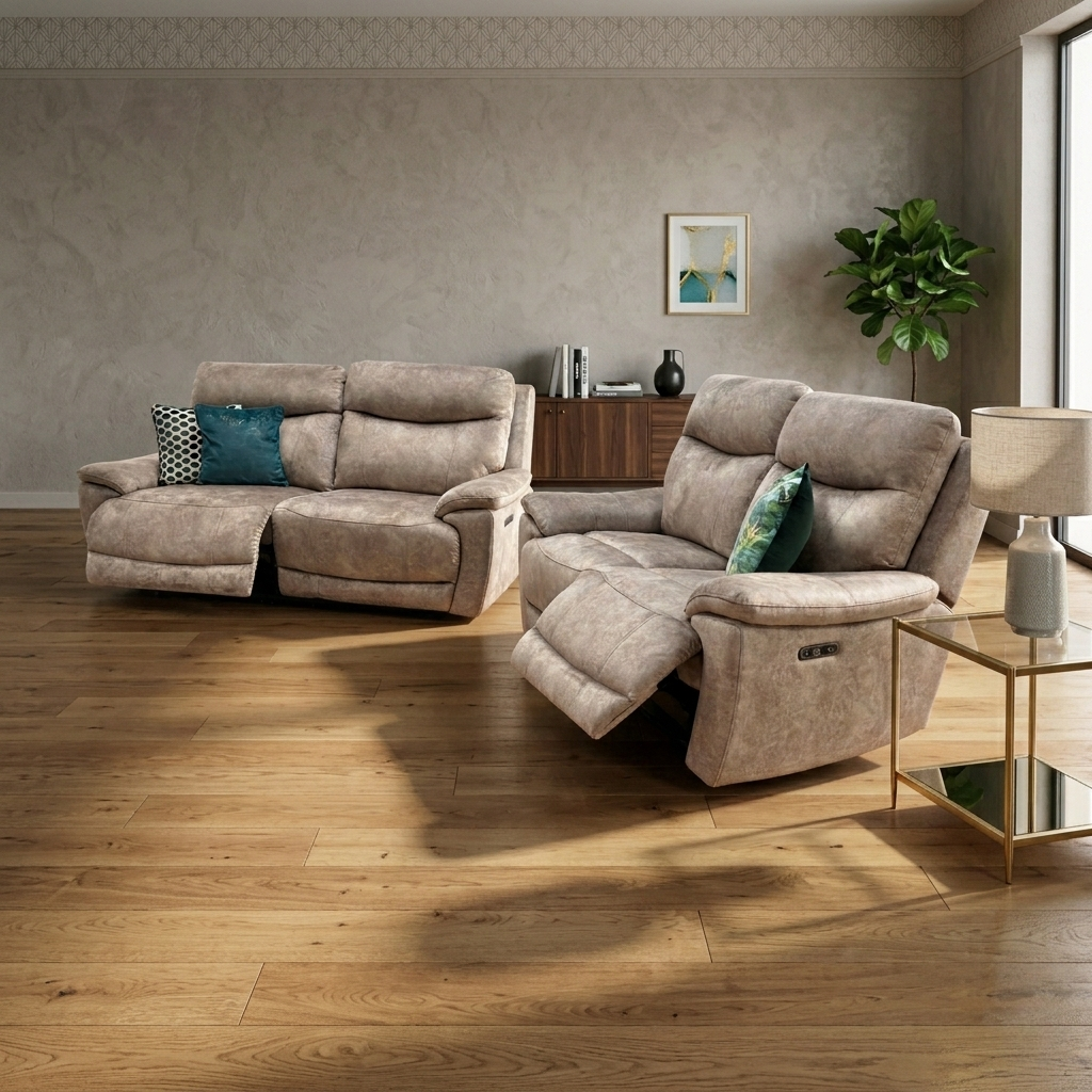 Living room of the Sloane sofa set, highlighting the pocket spring seat cushions, sinuous spring suspension, and power reclining feature for ultimate comfort.