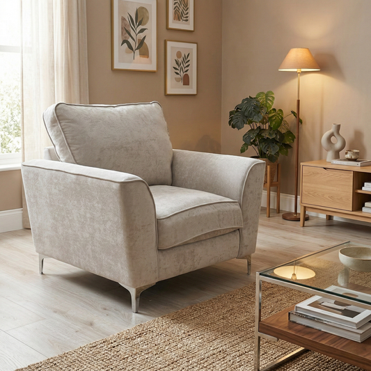 Living room of the Legend Kingston armchair, highlighting its soft silver fabric, sturdy armrests, and traditional high-back design.