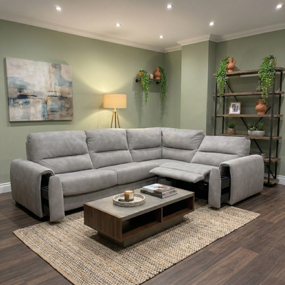 Living Room view of the Dove Grey fabric sofa highlighting the right-hand facing chaise and storage arm.