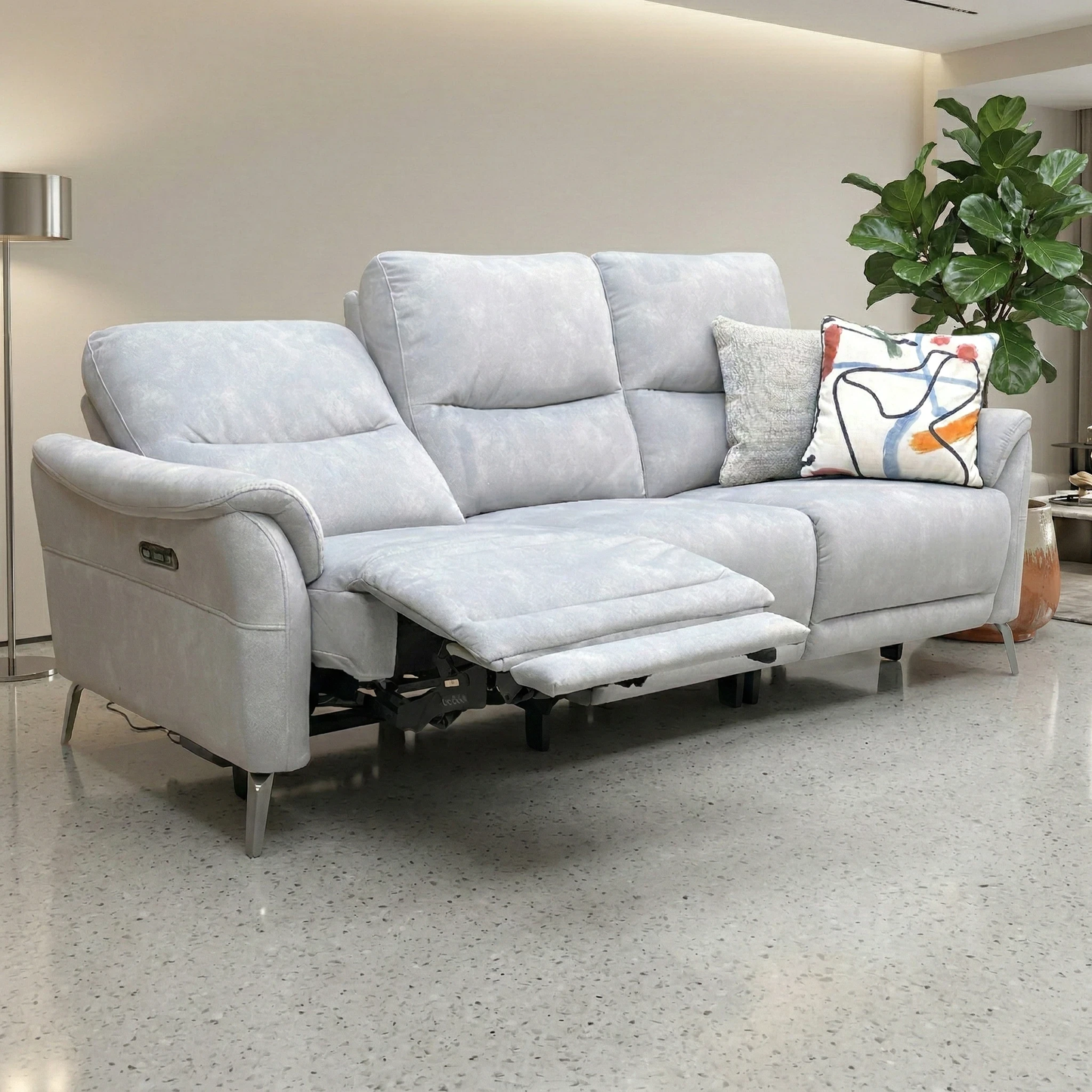 Living Room view of the smoke grey 3-seater sofa highlighting the sleek velvet finish and center console.