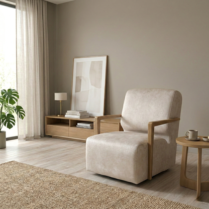 Living room of the Aura Kenzo swivel chair, highlighting the high-performance DuoFlex seat cushioning and handcrafted UK quality.