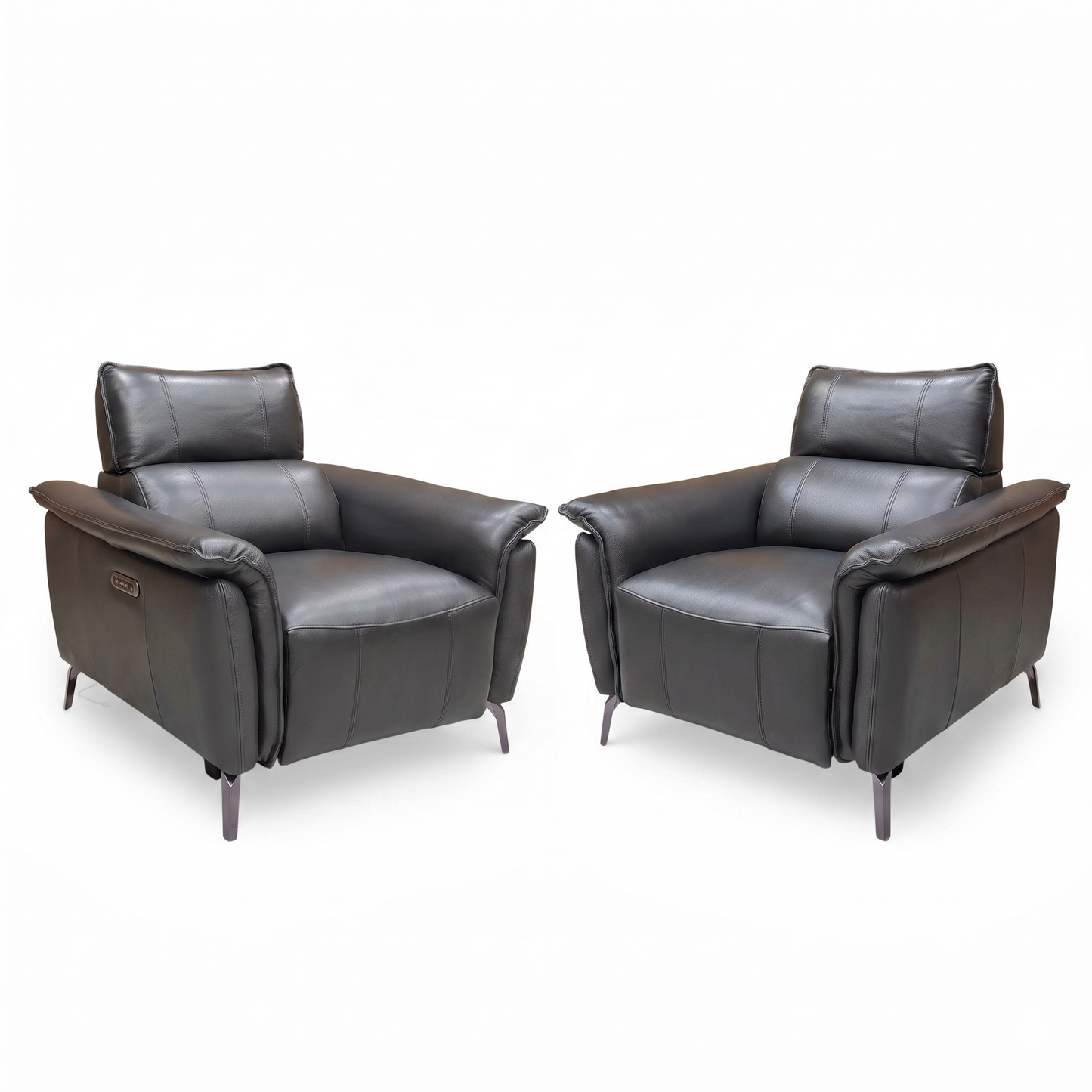 ‘Jude’ Oslo Jet Black Cat-40:23 Leather Power Recliner Chairs with Telescopic Headrests - Set of 2