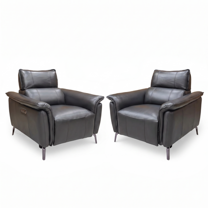 ‘Jude’ Oslo Jet Black Cat-40:23 Leather Power Recliner Chairs with Telescopic Headrests - Set of 2