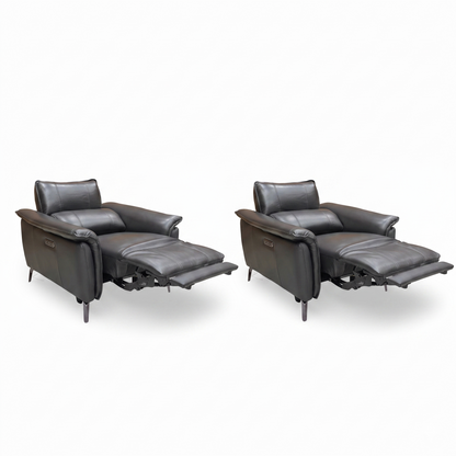 ‘Jude’ Oslo Jet Black Cat-40:23 Leather Power Recliner Chairs with Telescopic Headrests - Set of 2
