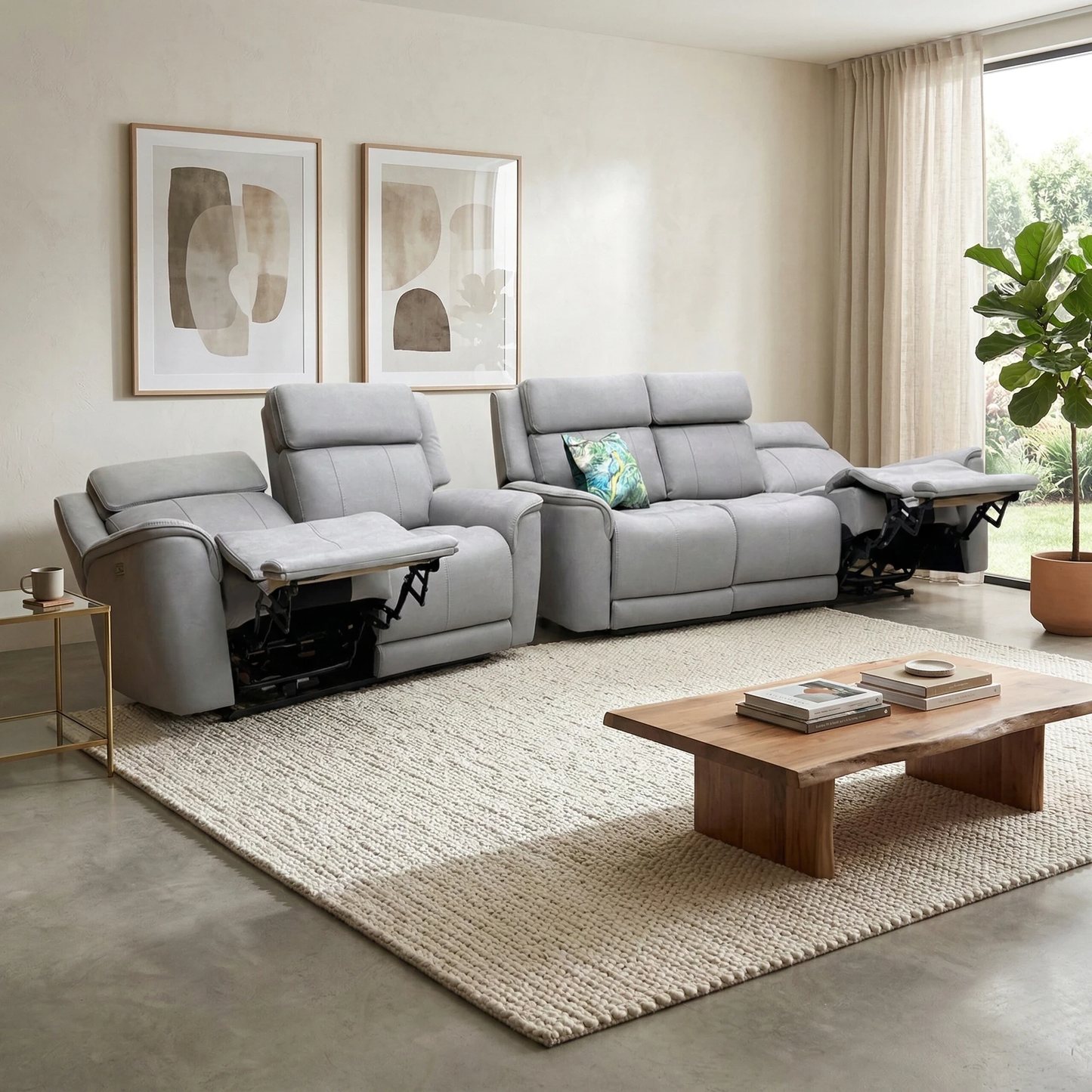 Living room view for the Langford power recliner set, highlighting features like wireless charging, reading lights, dropdown cup holder tray, and motorised recline.