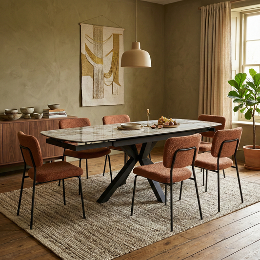 Dining room view Contemporary dining room setup featuring the Raul marble ceramic table and star-shaped legs.