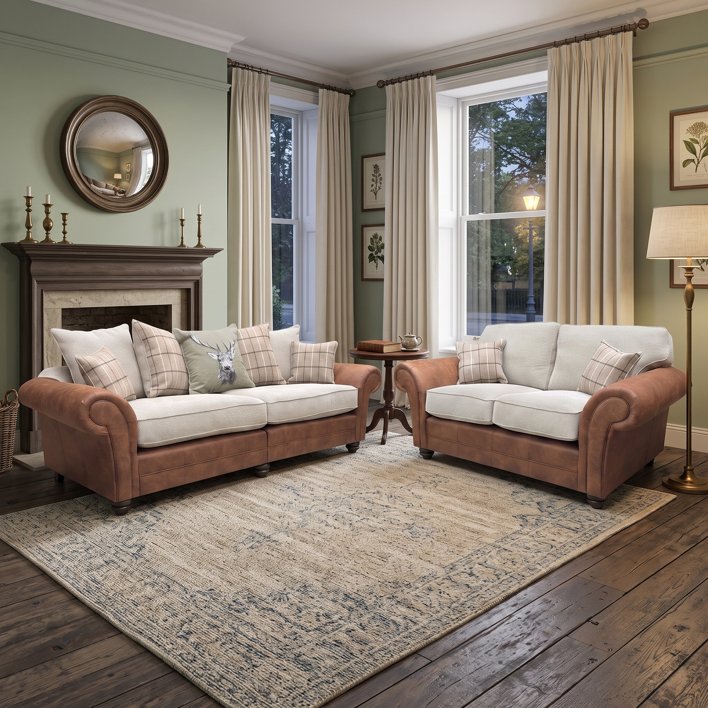 ‘Charles’ Sultan Oatmeal Combination Fabric Formal Back 2 Seater + Scatter Back 4 Seater Split Frame Sofa Set
