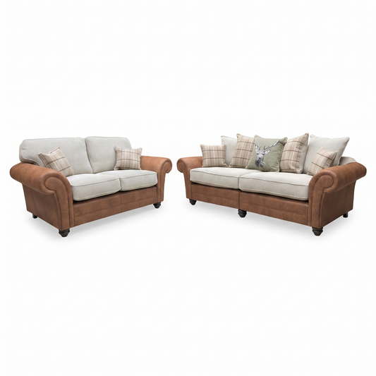 Full view ‘Charles’ contemporary living room sofa suite, featuring a classic formal back 2-seater paired alongside a spacious scatter back 4-seater sofa, beautifully upholstered in a textured Sultan Oatmeal combination fabric.