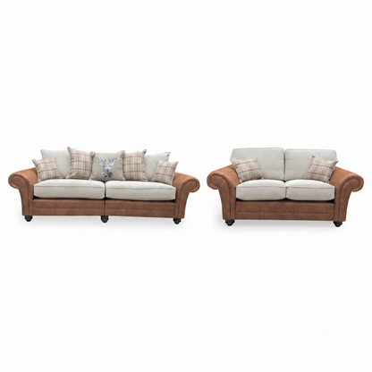 ‘Charles’ Sultan Oatmeal Combination Fabric Formal Back 2 Seater + Scatter Back 4 Seater Split Frame Sofa Set