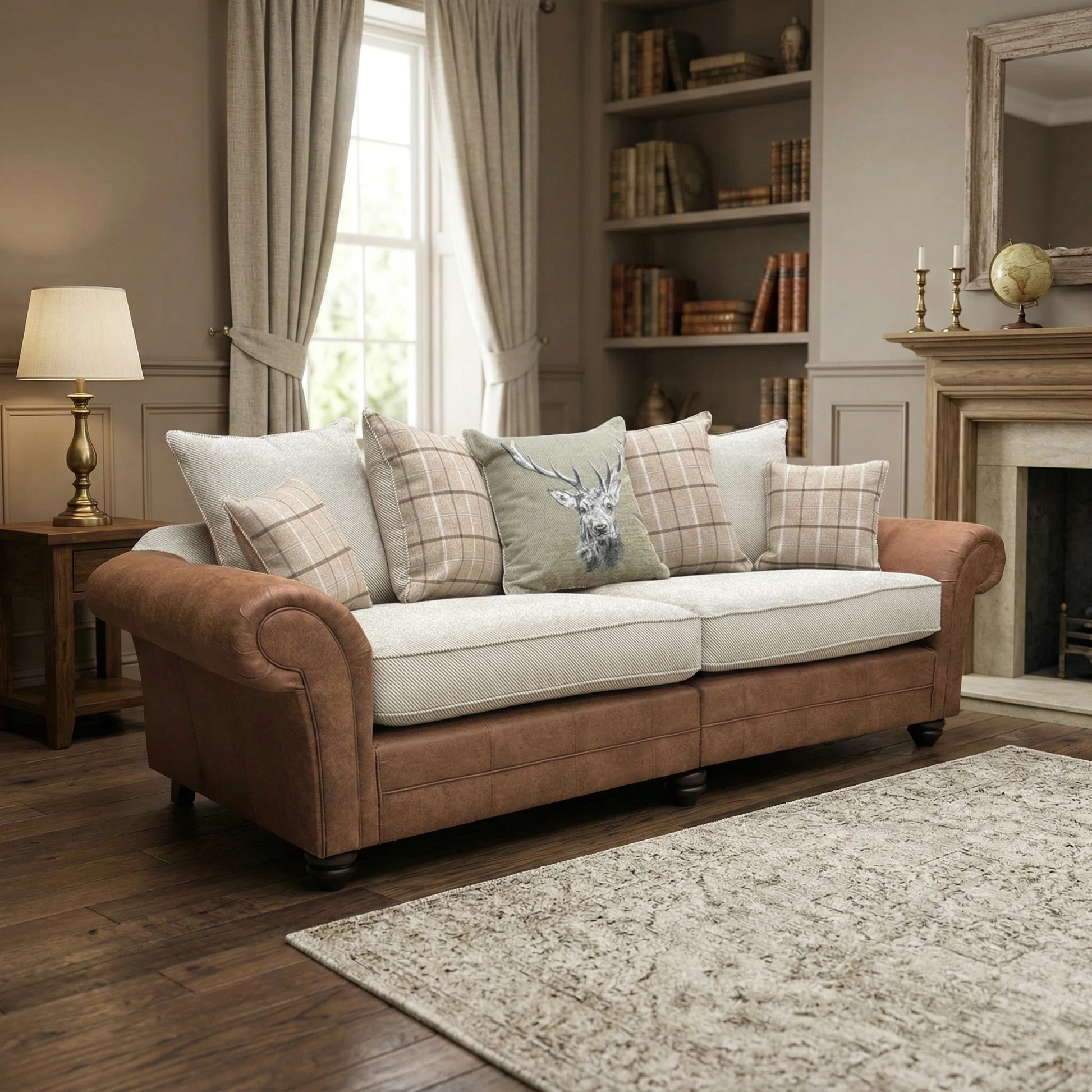 Living room view of the Charles sofa in Oatmeal, showcasing the deep seating area, textured combination fabric, and the stylish multi-tonal scatter back cushions.