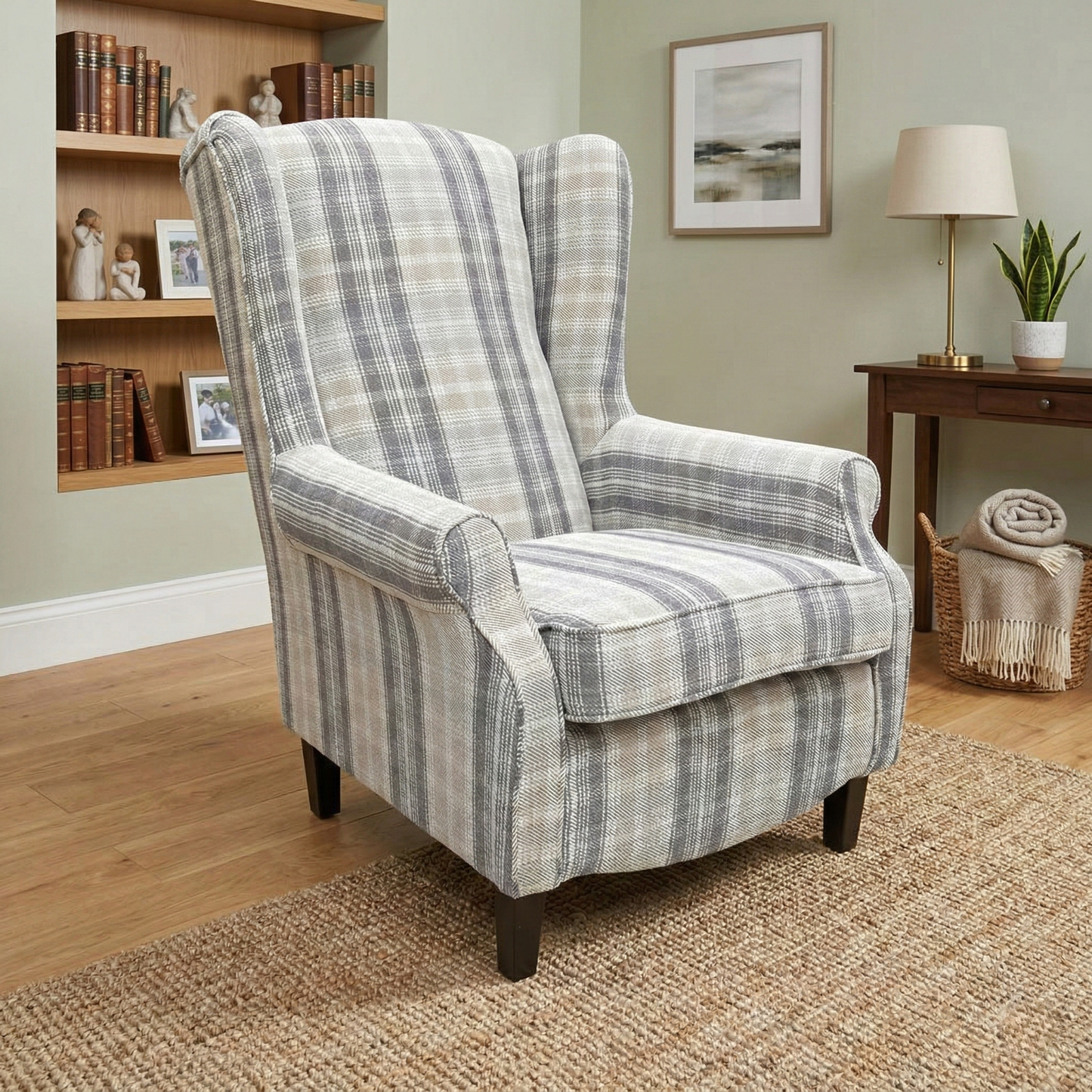 Living room view of the Shirley accent chair, showcasing the intricate Taupe and Grey checkered weave and the deep, inviting seating area.