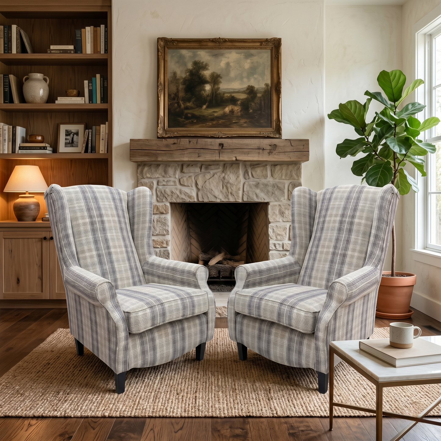 ‘Shirley’ Taupe and Grey Combination Checkered Pattern Tight Weave Winchester Fabric Large Accent Chairs - Set of 2