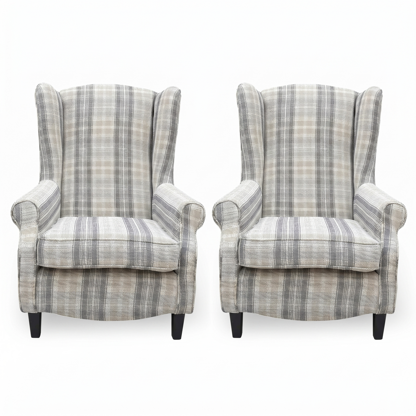 ‘Shirley’ Taupe and Grey Combination Checkered Pattern Tight Weave Winchester Fabric Large Accent Chairs - Set of 2