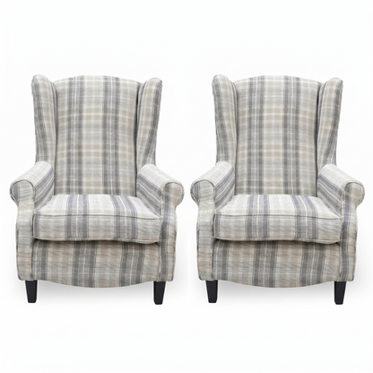 ‘Shirley’ Taupe and Grey Combination Checkered Pattern Tight Weave Winchester Fabric Large Accent Chairs - Set of 2