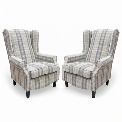 ‘Shirley’ Taupe and Grey Combination Checkered Pattern Tight Weave Winchester Fabric Large Accent Chairs - Set of 2